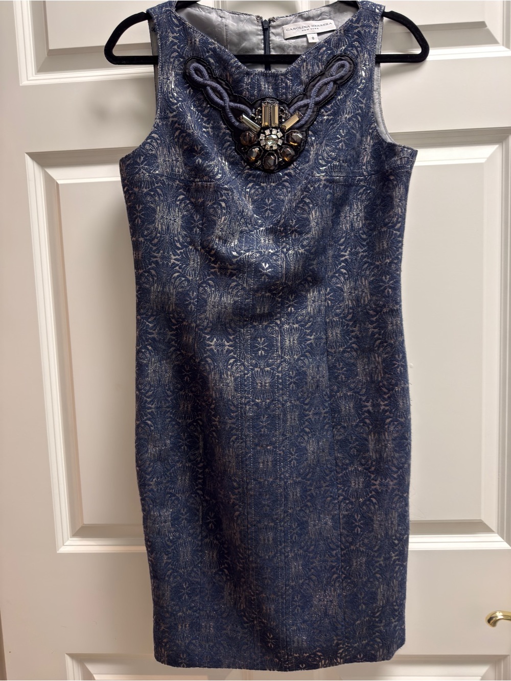 Carolina Herrera Navy Embellished Sheath Dress size 8.